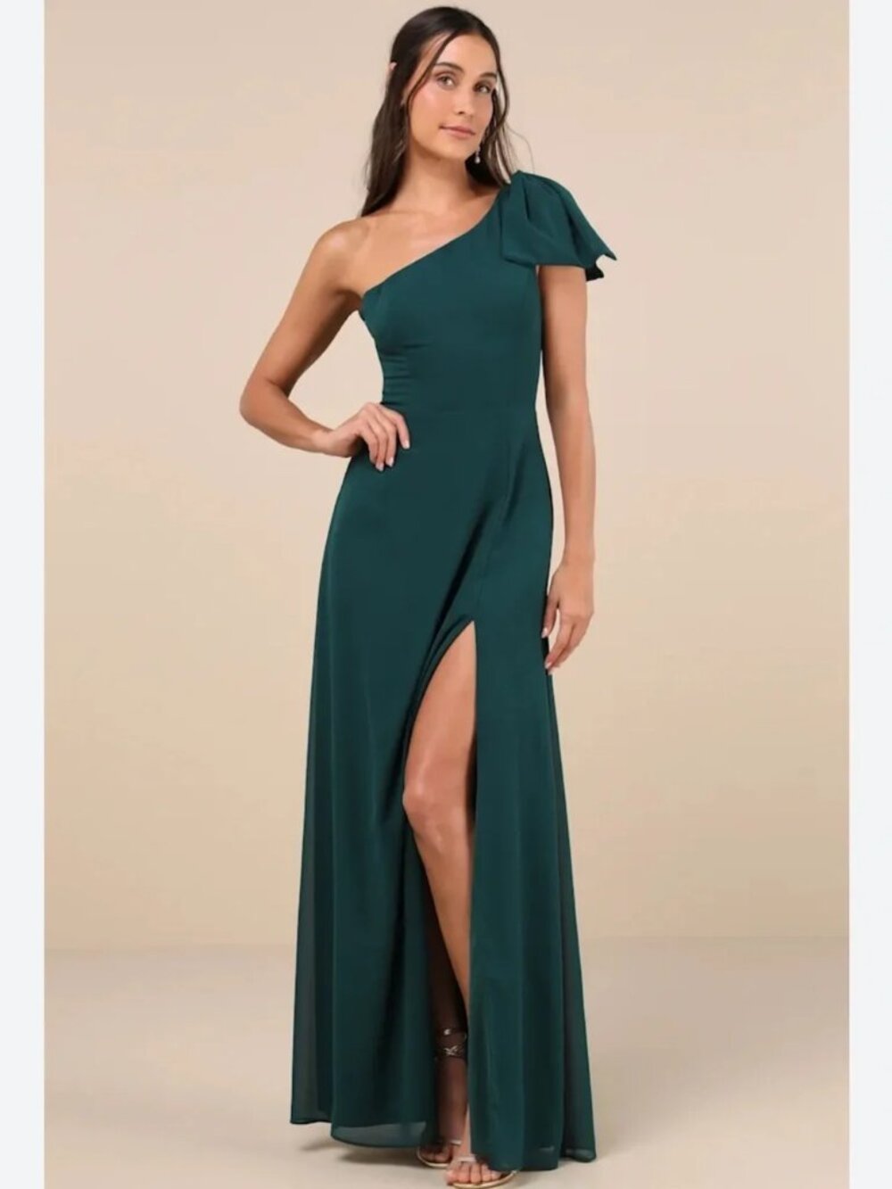 Simply Brilliant Emerald One-Shoulder Bow Maxi Dress